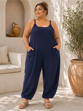 Women's Navy Blue Jumpsuit Size XXL Tie Straps Front Pockets Relaxed Fit